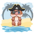 Cute hamster pirate, in a cocked hat, summer and sea concept, cartoon characters of hamsters, funny animal