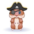 Cute hamster pirate, in a cocked hat, summer and sea concept, cartoon characters of hamsters, funny animal