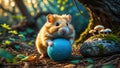 Adorable Hamster Playing with Blue Yarn Ball in Enchanted Forest Royalty Free Stock Photo