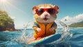 cute hamster rides recreation on a surfboard joy happy playful