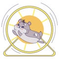 Cute hamster runs in a wheel. Illustration in cartoon style. Vector isolated on white background