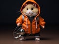 Cute hamster in sports suit on dark background