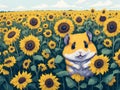cute hamster in sunflower field