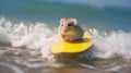 A cute hamster surfer enjoys a fun-filled summer day at the beach, riding waves with enthusiasm, Ai Generated