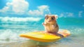 A cute hamster surfer enjoys a fun-filled summer day at the beach, riding waves with enthusiasm, Ai Generated