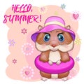 Cute hamster in swimming circle and hat, summer concept, hamster cartoon characters, funny animal Royalty Free Stock Photo