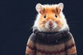 Cute hamster in thick sweater. Hamster cartoon character, funny animal