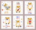 Cute hamsters cards. Funny fluffy animal character, different actions posters with text, happy rodent mascot, little pet