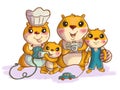 Cute hamsters. Funny greeting card with a happy family