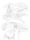 Cute hand draw coloring page with dreaming girl, sitting with book on a wing of plane, seing flying whales and magic