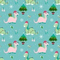 Cute hand drawing dino merry Christmas and happy new year seamless pattern design