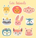 Cute hand drawing wild animal head clip art icon in pastel color collection flat vector