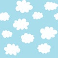 Cute Hand Drawn Abstract Clouds Vector Pattern. White Fluffy Clouds. Blue Background. Simple Baby Shower Design.