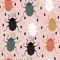 Cute hand drawn abstract seamless vector pattern design illustration with colorful beetle silhouettes and black confetti on pink b