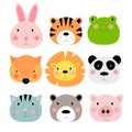 Cute hand drawn animals characters collection set. Cartoon zoo animals: hare, tiger, frog, fox, lion, panda, cat, bear, pig Royalty Free Stock Photo