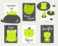 Cute hand drawn anime style baby shower cards, brochures, invitations with frog