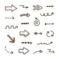 Cute hand drawn arrows set in doodle scribble style. Comic collection of freehand arrows, curved lines, swirls. Business