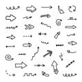 Cute hand drawn arrows set in doodle scribble style. Comic collection of freehand arrows, curved lines, swirls. Business