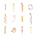 Cute hand drawn arrows set in doodle scribble style. Comic collection of freehand arrows, curved lines, swirls. Business