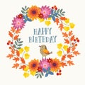 Cute hand drawn autumn birthday greeting card, invitation with bird and wreath made of mums flowers and colorful maple Royalty Free Stock Photo