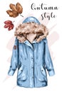 Cute hand drawn autumn jacket. Stylish winter jacket. Sketch.