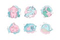 Cute hand drawn baby animals set. Funny blue and pink bird, elephant, unicorn, whale vector illustration Royalty Free Stock Photo