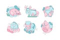 Cute hand drawn baby animals set. Funny blue and pink pig, elk, dog, jellyfish, sheep, bird vector illustration Royalty Free Stock Photo