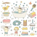 Cute hand drawn baby bathing objects collection