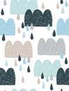 Cute Hand Drawn Baby Shower Vector Semaless Pattern with Blue, Brown and Beige Clouds.