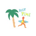Cute hand drawn background with girl running with a surfboard, palm and text. Royalty Free Stock Photo