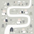 Cute hand drawn background in scandinavian style. Road in forest and funny doodle llamas and plants. Adorable alpacas