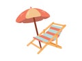 Cute hand drawn beach chair with beach umbrella. Flat vector illustration isolated on white background. Doodle drawing