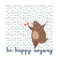 Cute hand drawn bear dancing in the rain