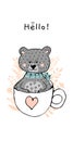 Cute hand drawn bear with hearts seat in the cup. post cards, t-shirts, kids posters.