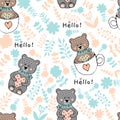 Cute hand drawn bear seamless pattern with heart and cup. post cards, t-shirts, kids posters.