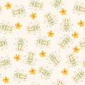 Hand drawn bees and flowers, color line art vector seamless pattern. Royalty Free Stock Photo