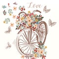 Cute hand drawn bicycle with bunch of spring flowers Royalty Free Stock Photo