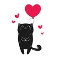 Cute hand drawn black cat with a heart shaped balloon. Valentines Day greeting card Royalty Free Stock Photo
