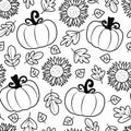 Cute hand drawn black and white autumn fall season seamless pattern illustration with pumpkins, sunflowers and leaves Royalty Free Stock Photo