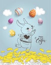 Cute hand drawn bunny on dandelion field, colorful eggs, Happy Easter inscription handwritten with calligraphic font on