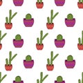 Cute hand drawn cacti seamless vector pattern background