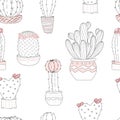 Cute hand drawn cactus with letters on wiht background. Vector seamless pattern