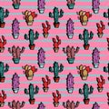 Cute hand drawn cactus seamless pattern with feminine childish style colorful background. Royalty Free Stock Photo