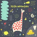 Cute hand drawn card, postcard with giraffe
