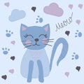 Cute Hand Drawn Cartoon Blue Cat.