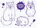 Cute hand drawn cartoon cat, owl, hedgehog for baby and children card designs or fabric print. Line art original vector