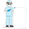 A cute hand drawn cartoon dentist with big kind eyes holds a big white banner, poster, reminder, sheet of paper Royalty Free Stock Photo