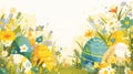 Cute hand drawn cartoon Easter background with bright painted eggs in spring flower meadow. Copy space. Greeting card, invitation Royalty Free Stock Photo