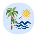 Cute hand drawn cartoon palm trees waves and sun. Flat vector illustration in doodle style Royalty Free Stock Photo