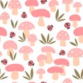 Cute hand drawn cartoon seamless vector pattern background illustration with pink mushrooms, green grass and ladybugs Royalty Free Stock Photo